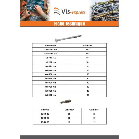 1 x Assortiment de 1666 VBA Vis bois agglo Tête fraisée TX + Embout Inox A4