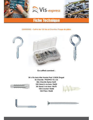 1 x Assortiment de 130 Vis et Cheville Plaque...