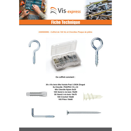 1 x Assortiment de 130 Vis et Cheville Plaque de plâtre