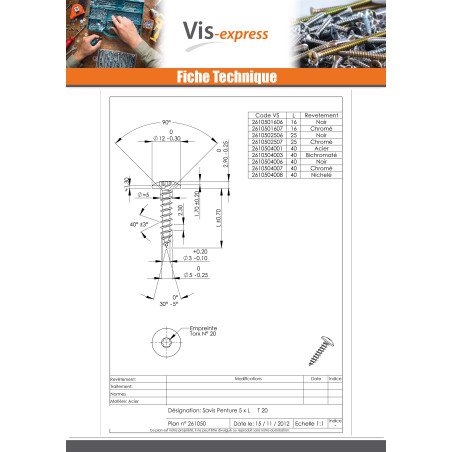 1 x Vis Penture 5X40 Filetage total TORX T20 Acier zingué noir