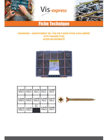 1 x Assortiment de 1700 VBA Vis bois agglo Tête...