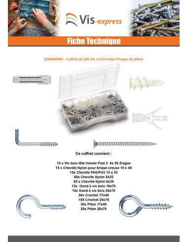 1 x Assortiment de 295 Vis et Cheville Plaque...