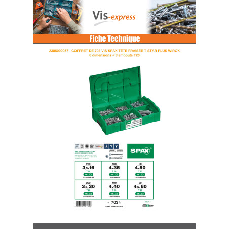1 x Assortiment de 703 Spax Tête fraisée T-STAR+ WIROX