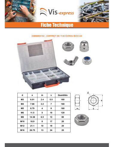 1 x Assortiment de 1140 Ecrou Inox A4