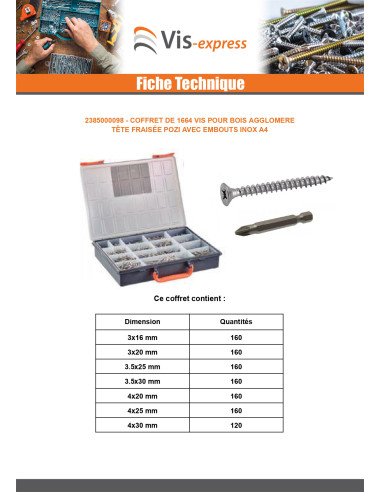 1 x Assortiment de 1664 VBA Vis bois agglo Tête...