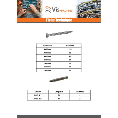 1 x Assortiment de 1664 VBA Vis bois agglo Tête fraisée Pozi + Embout Inox A4
