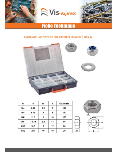 1 x Assortiment de 1760 Ecrou et Rondelle Inox A4