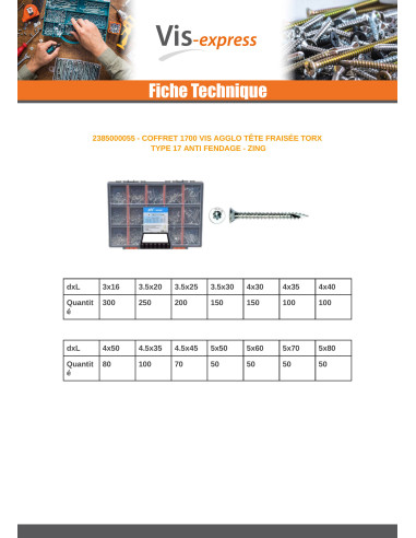 1 x Assortiment de 1700 VBA Vis bois agglo Tête...