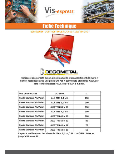 1 x Assortiment de PINCE GO7550 + 1000 Rivet...