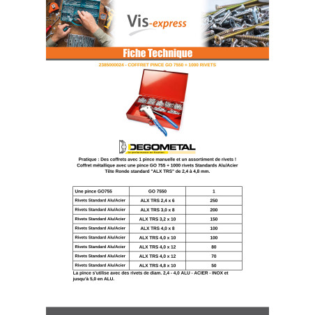 1 x Assortiment de PINCE GO7550 + 1000 Rivet DEGOMETAL