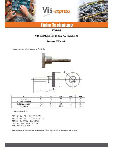1 x Vis métaux Moletée M6X20 Inox A1
