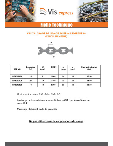1 x M Chaîne de levage Grade 80 10MM acier...