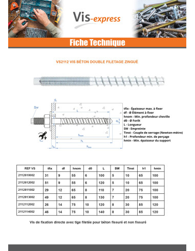 1 x Vis béton Double Filetage TORX T8 10X140...
