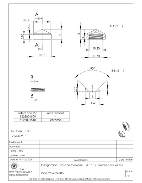 1 x Rosace conique ou cache vis (1 rosace et 1 cuvette de vis) Laiton Diamètre 15 Pour Vis M5