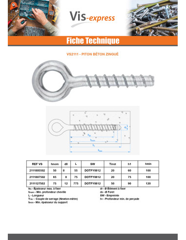 1 x Piton Béton 12X75 Acier zingué