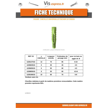 1 x Cheville Fischer UX GREEN 10X60
