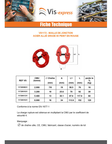 1 x Maille de jonction Grade 80 16MM acier rouge