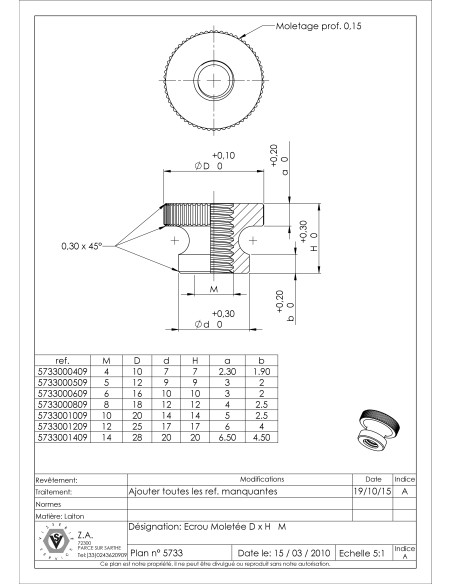 1 x Ecrou Moletée Laiton M12 25X17 EMM