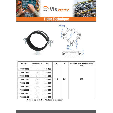 1 x Collier isophonique renforcé M8-M10 Diamètre 196A203 Acier zingué