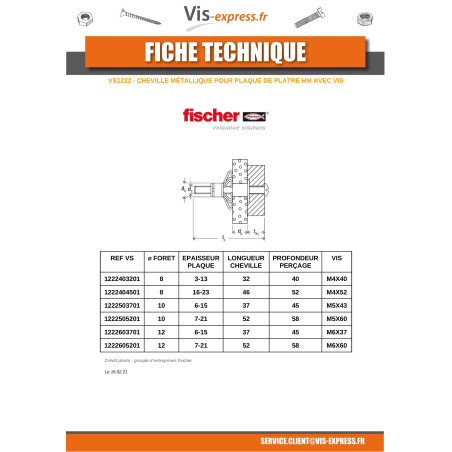 1 x Cheville METAL Fischer Hexagonal bas HM 4X46 Avec Vis