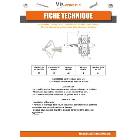1 x Cheville Nylon à ressort pour corps creux 8X40