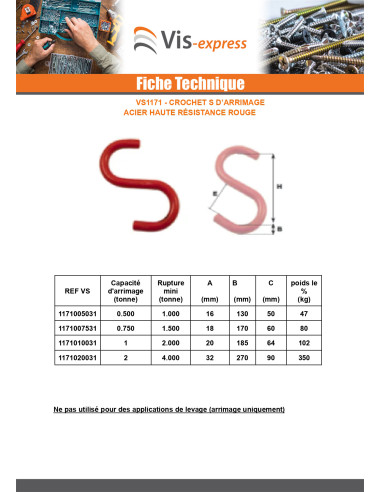 1 x Crochet S d'arrimage 2000KG acier rouge