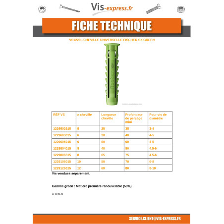 1 x Cheville Fischer SX GREEN 6X50