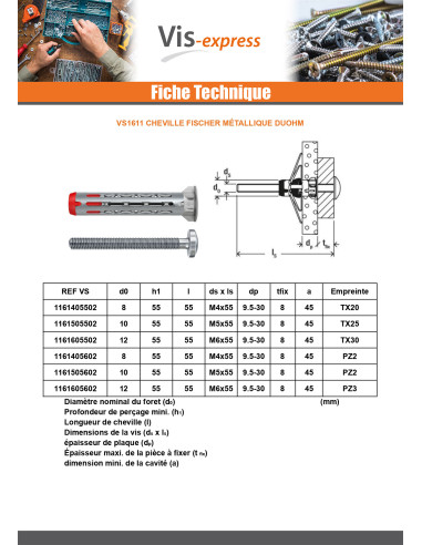 1 x Cheville Métallique Fischer DUOHM 5X55 TX