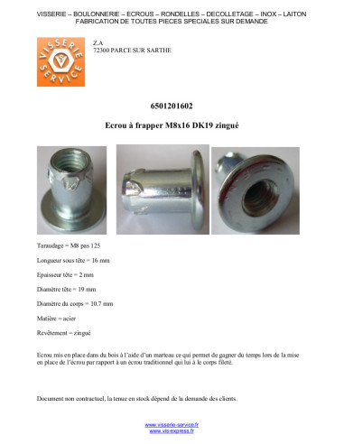 1 x Ecrou à frapper M8X16 Diamètre de tête: 19...