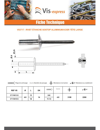 1 x Rivet Etanche GOSTOP Aluminium Tige acier...
