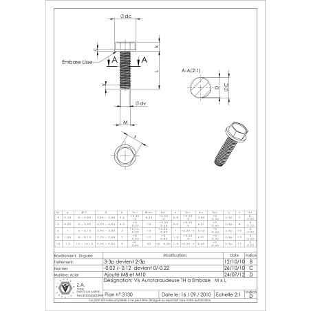1 x Vis autotaraudeuse Tête hexagonale TH Embase collerette Lisse M4X6 Acier zingué