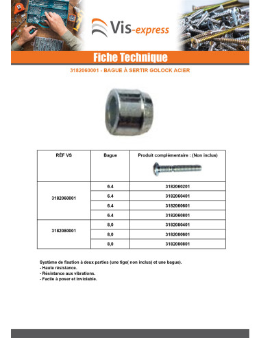 1 x Tige à sertir GOLOCK 8.0 MM plage 06 Acier...