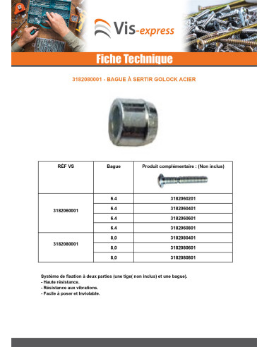1 x BAGUE à sertir GOLOCK 8.0MM Acier brut