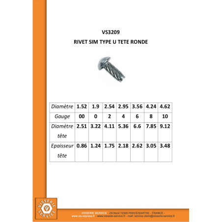 1 x Rivet SIM ou fausse vis à frapper Type U Tête ronde TR 2.54X 5/16 Acier nickelé