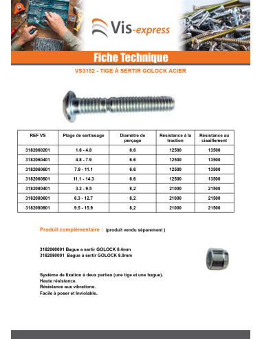 1 x Tige à sertir GOLOCK 6.4 MM plage 06 Acier...