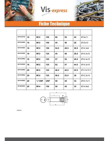 1 x Vis De ROUE Acier zingué M12X58,5/38 Pas de...