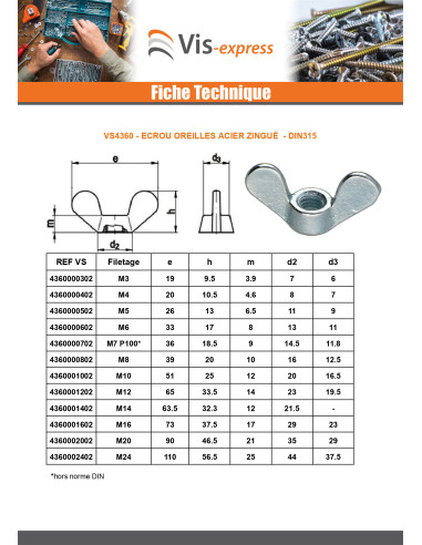 1 x Ecrou à oreille M5 Acier zingué