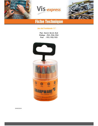 1 x Assortiment de 9 Embout 1/4 Fendue Phillips...