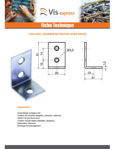 1 x Equerre de fixation 31X20X21 Acier zingué