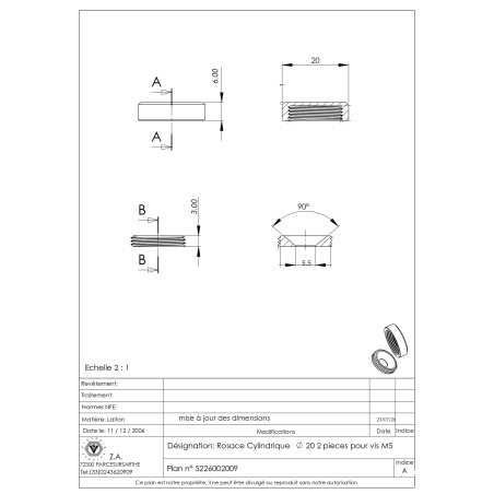 1 x Rosace cyndrique ou cache vis (1 rosace et 1 cuvette de vis) Laiton POLI DIAM20 Pour Vis M5