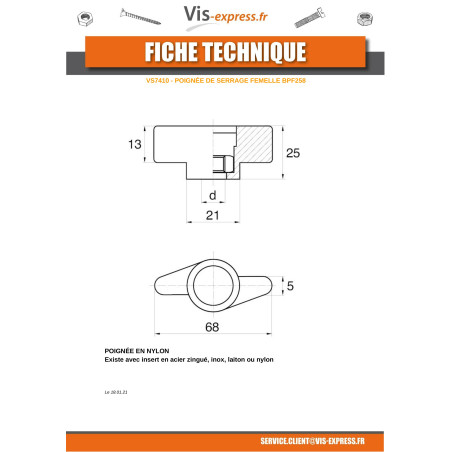1 x Poignée de serrage femelle nylon noir Insert Nylon M5