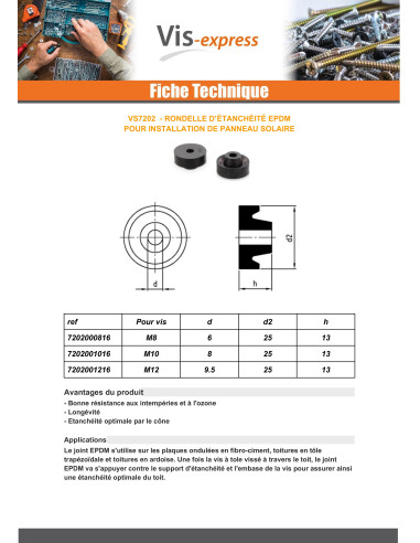 1 x Rondelle d'étanchéité EPDM PANNEAU SOLAIRE M12