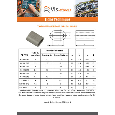 1 x Manchon à sertir Aluminium pour câble ame textile Diamètre 3 et ame métallique Diamètre 2.5