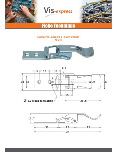 1 x Loquet à levier Acier zingué 79 X 21