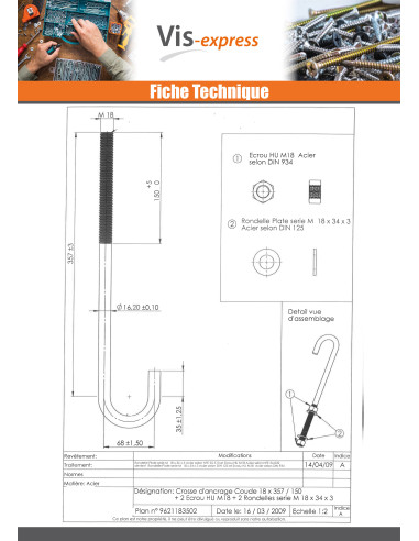 1 x Crosse ancrage M18X357 Filetée sur 150 +2...