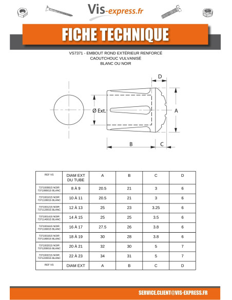 1 x Embout rond envellopant caoutchouc vulcanisé Blanc Pour Tube 38 à 39