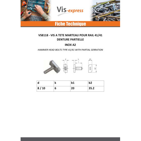 1 x Vis métaux Tête marteau 20X35.2X6 M10X30 Inox A2 T41/41