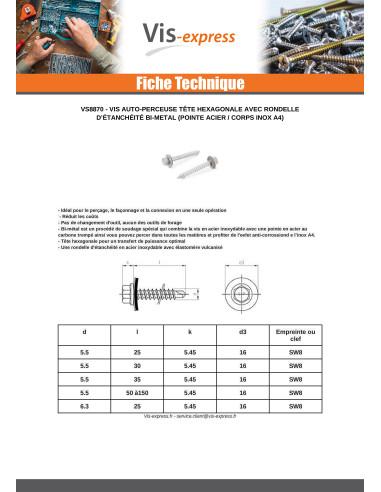 1 x Vis autoperceuse Bimétal Acier / Inox A4...