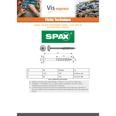 1 x Spax Vis charpente tête disque Inox A2 8X100 Filetage total TORX T40