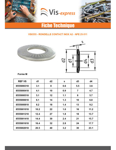 1 x Rondelles contact Inox A2 M8X22X1.6 L